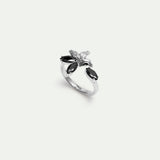 Silver Lily and Black Stone Adjustable Ring