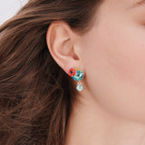 Sleeper Earrings with Round Blue Stones and Poppies