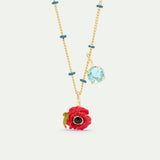 Pendant Necklace with Red Poppy and Round Blue Stone
