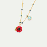 Pendant Necklace with Red Poppy and Round Blue Stone