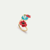 Adjustable Ring with Round Blue Stone and Poppies