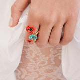Fine Bracelet with Red Poppy and Black Crystal