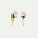 Pink Water Lily and Round Blue Stone Clip-on Earrings