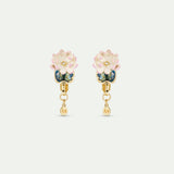 Pink Water Lily and Round Blue Stone Sleeper Earrings