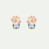 Pink Water Lily and Round Blue Stone Post Earrings