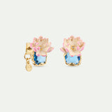 Pink Water Lily and Round Blue Stone Post Earrings