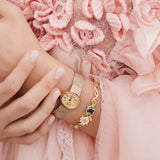 Pink Water Lily and Round Blue Stone Cuff Bracelet