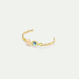 Pink Water Lily and Round Blue Stone Cuff Bracelet