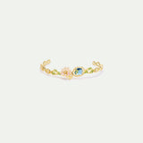 Pink Water Lily and Round Blue Stone Cuff Bracelet