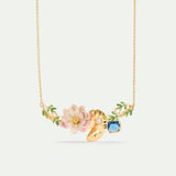 Pink Water Lily, Golden Lotus, and Blue Round Stone Statement Necklace