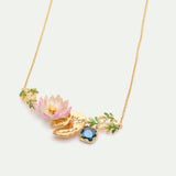 Pink Water Lily, Golden Lotus, and Blue Round Stone Statement Necklace