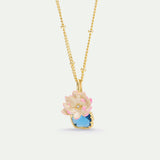 Pink Water Lily and Round Blue Stone Pendant Necklace