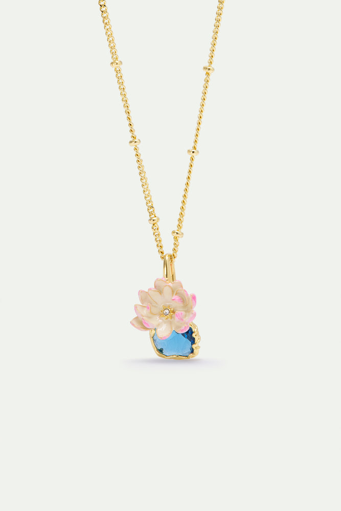 water lily flower necklace Pink Water Lily and Round Blue Stone Pendant Necklace – Les Néréides