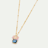 Pink Water Lily and Round Blue Stone Pendant Necklace