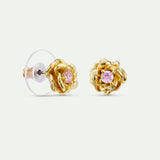 Gold Mona Lisa Rose and Pink Crystal Post Earrings