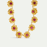 Necklace with Gold Mona Lisa Roses and Pink Stones
