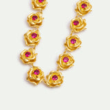 Necklace with Gold Mona Lisa Roses and Pink Stones
