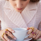 Adjustable Ring with Raspberry and Golden Beads