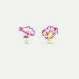 Asymmetrical Mauve Flower Post Earrings, Thumbelina and Imitation Pearl