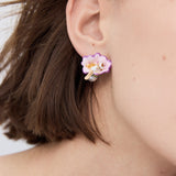 Asymmetrical Mauve Flower Post Earrings, Thumbelina and Imitation Pearl