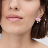 Asymmetrical Mauve Flower Post Earrings, Thumbelina and Imitation Pearl