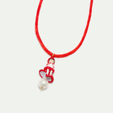 Red Pendant Necklace with Little Red Riding Hood, Mushroom and Imitation Pearl