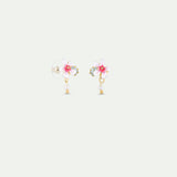 White and Pink Hawthorn Post Earrings with Blue Crystal and Cultured Pearl