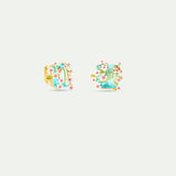 Square Blue Faceted Stone Clip-On Earrings with White and Pink Hawthorn and A Butterfly