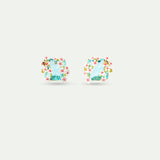 Square Blue Faceted Stone Post Earrings with White and Pink Hawthorn and A Butterfly