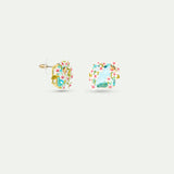 Square Blue Faceted Stone Post Earrings with White and Pink Hawthorn and A Butterfly
