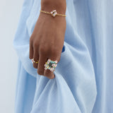 Blue Square Faceted Stone Ring with White and Pink Hawthorns and A Butterfly