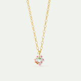 Round Blue Faceted Stone Pendant Necklace with White and Pink Hawthorn