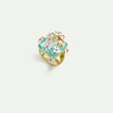 Blue Square Faceted Stone Ring with White and Pink Hawthorns and A Butterfly