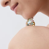 Blue Square Faceted Stone Ring with White and Pink Hawthorns and A Butterfly