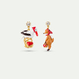 Asymmetrical “the Fox and the Stork” Post Earrings with Faceted Crystal