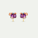 Purple Rectangular Stone, Fox and Flower Clip-On Earrings