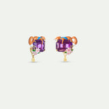 Purple Rectangular Stone, Fox and Flower Clip-On Earrings
