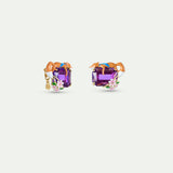Purple Rectangular Stone, Fox and Flower Post Earrings