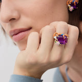 Purple Rectangular Stone, Fox and Flower Post Earrings