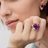 Purple Rectangular Stone, Fox and Flower Post Earrings