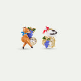 Asymmetrical “the Fox and the Stork” Clip-On Earrings, with Grapes and Faceted Glass
