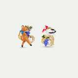 Asymmetrical “the Fox and the Stork” Clip-On Earrings, with Grapes and Faceted Glass