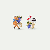 Asymmetrical “the Fox and the Stork” Post Earrings, with Grapes and Faceted Glass