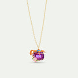 Purple Rectangular Stone, Fox and Flower Pendant Necklace