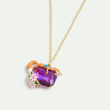 Purple Rectangular Stone, Fox and Flower Pendant Necklace