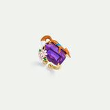 Purple Rectangular Stone, Fox and Flower Pendant Ring