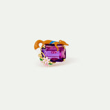 Purple Rectangular Stone, Fox and Flower Pendant Ring