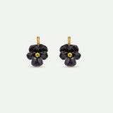 Black Pansy and Faceted Crystal Sleeper Earrings