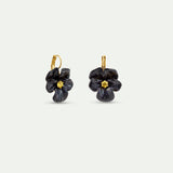 Black Pansy and Faceted Crystal Sleeper Earrings