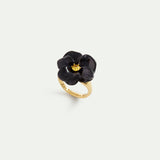 Black Pansy and Faceted Crystal Cocktail Ring